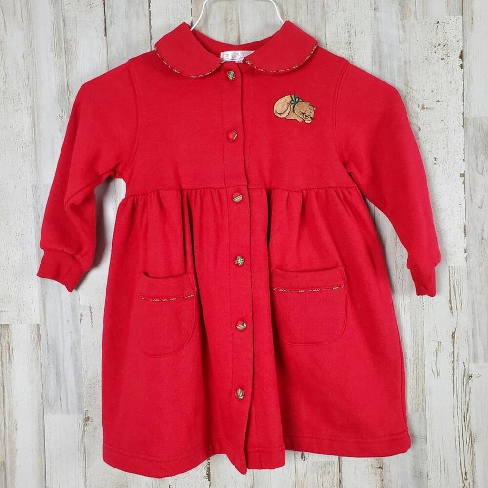 Just Friends Long Sleeve Embroidered Cat Dress Kids Red